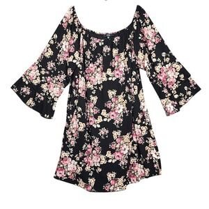Vibe Sportswear Mini Dress Black Floral Bell Sleeve 3X Boho